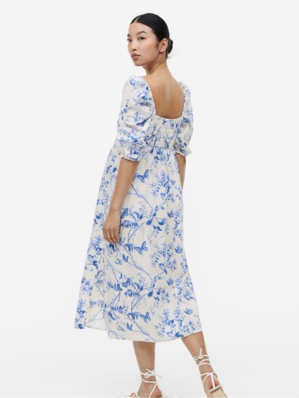 H&M Mama Maternite White Maternity Midi Dress with Blue Floral & Butterfly Print - Picture 4 of 7
